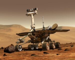 Mars exploration rover conducting research on Martian surface, showcasing technology and science.